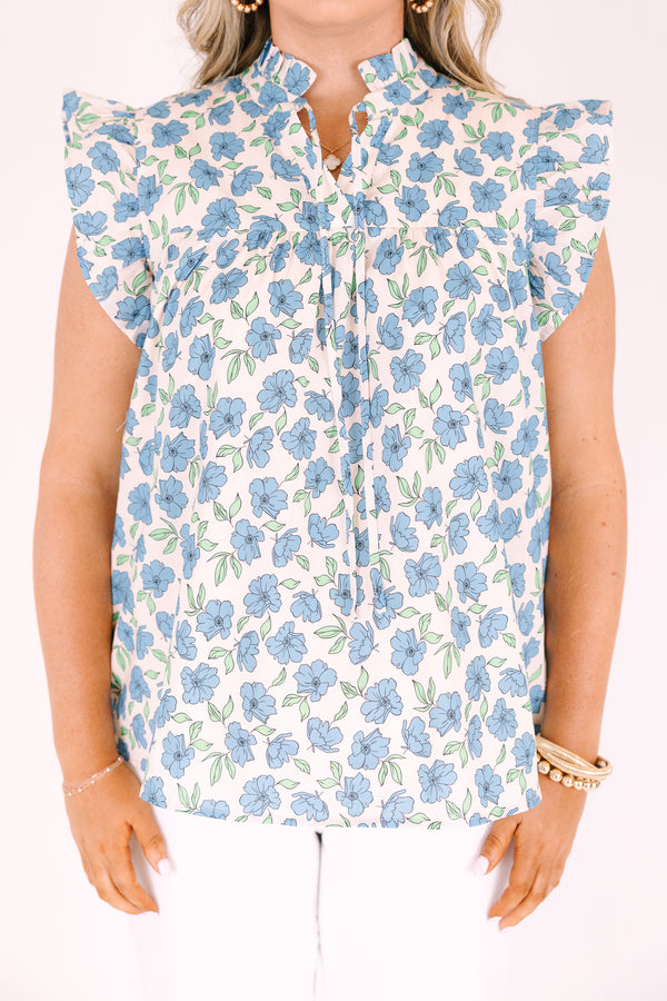 Chic Soul plus size clothing, white flutter sleeve tank top with light blue floral pattern and high neck ruffle collar