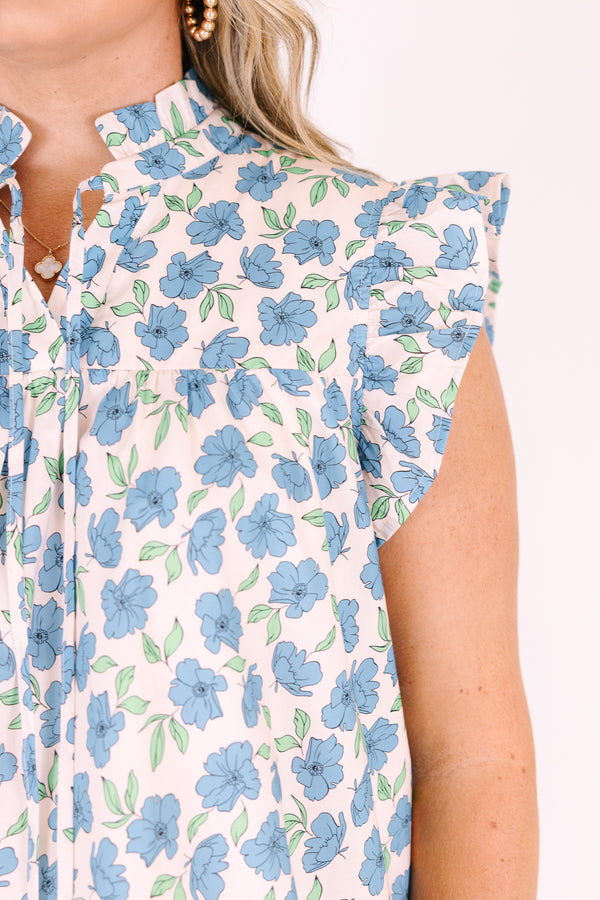 Chic Soul plus size clothing, white flutter sleeve tank top with light blue floral pattern and high neck ruffle collar