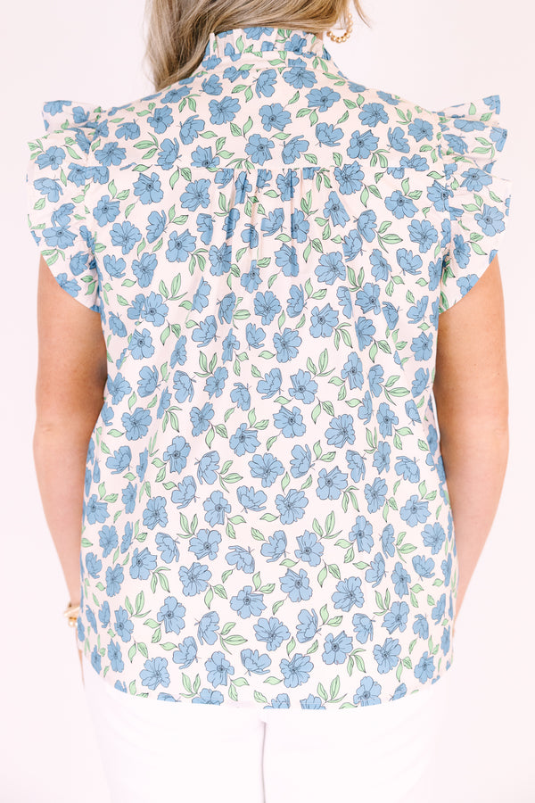 Chic Soul plus size clothing, white flutter sleeve tank top with light blue floral pattern and high neck ruffle collar