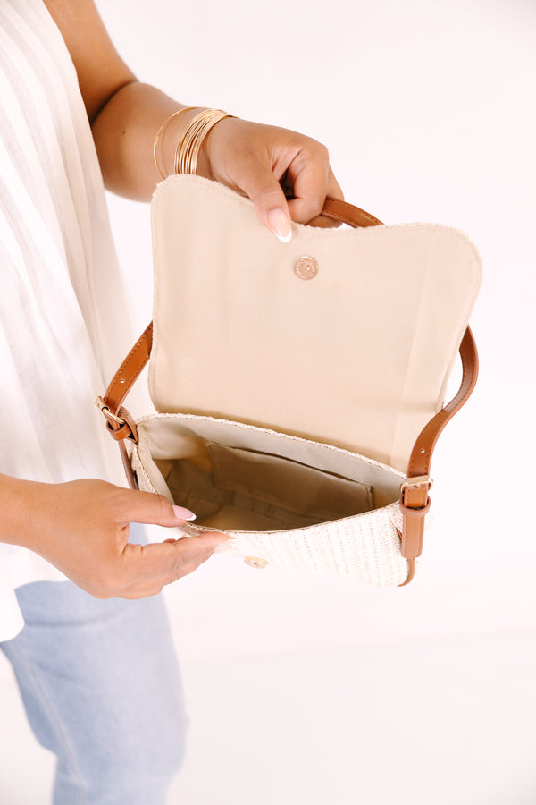 Chic Soul plus size clothing, off white purse with a natural leather strap 