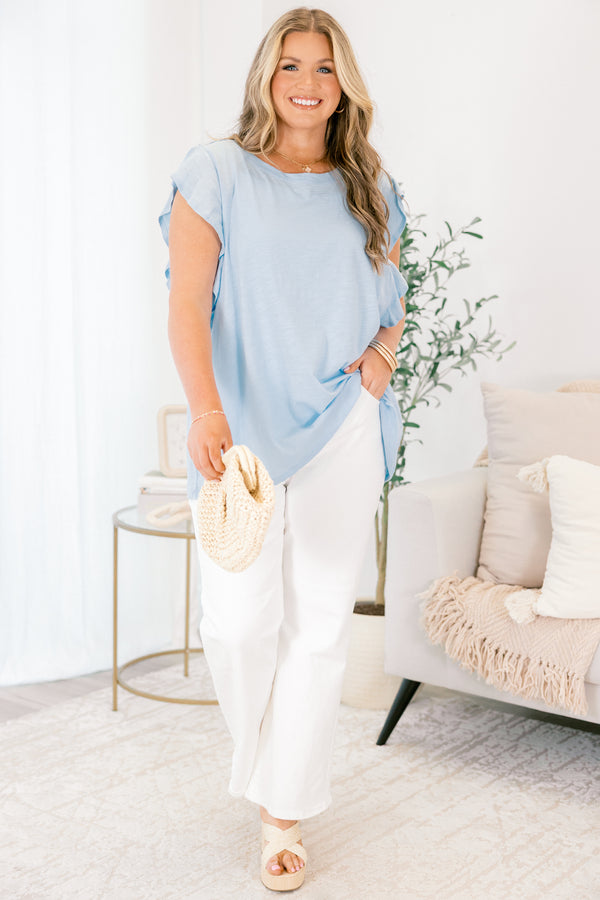 Chic Soul plus size clothing, light blue top with flutter cap sleeves
