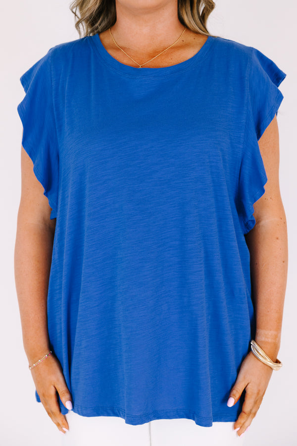 Chic Soul plus size clothing, dark blue ruffle cap sleeve top
