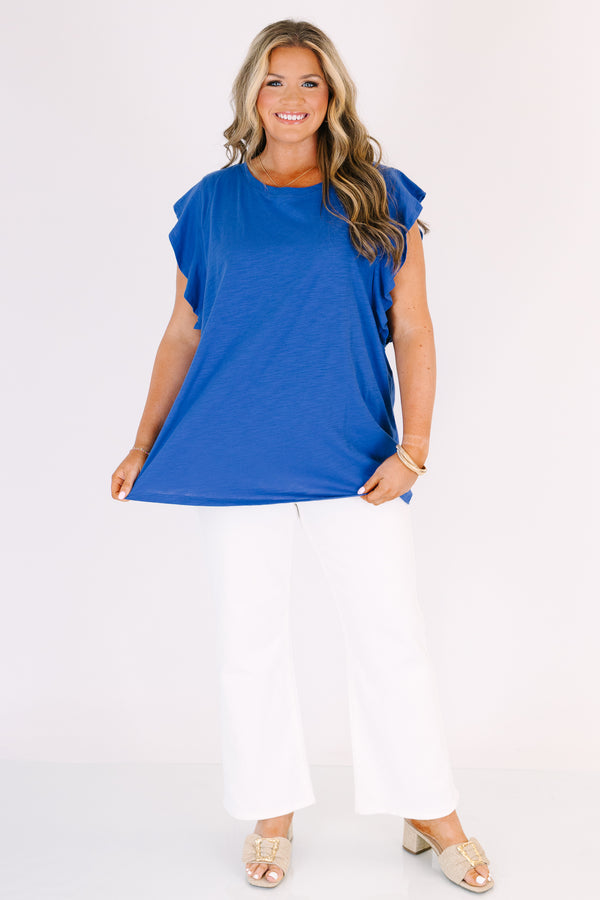 Chic Soul plus size clothing, dark blue ruffle cap sleeve top