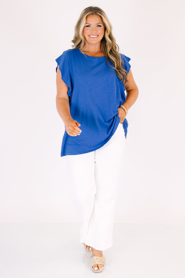 Chic Soul plus size clothing, dark blue ruffle cap sleeve top