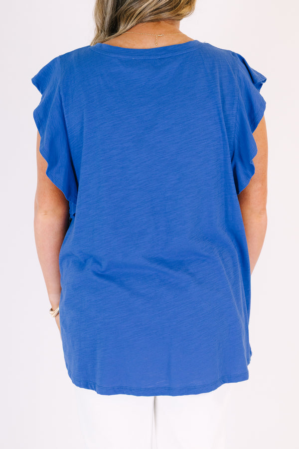 Chic Soul plus size clothing, dark blue ruffle cap sleeve top