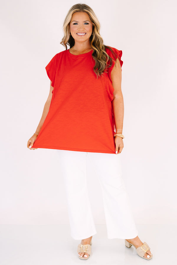 Chic Soul plus size clothing, high neck red tank with flutter sleeves