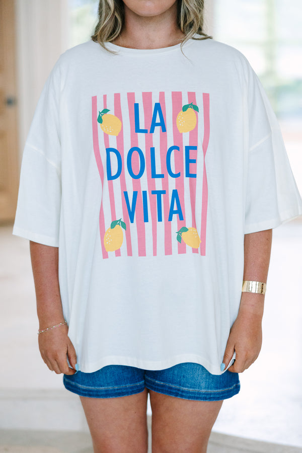 Plus Size ivory boyfriend tee with pink stripes, blue 