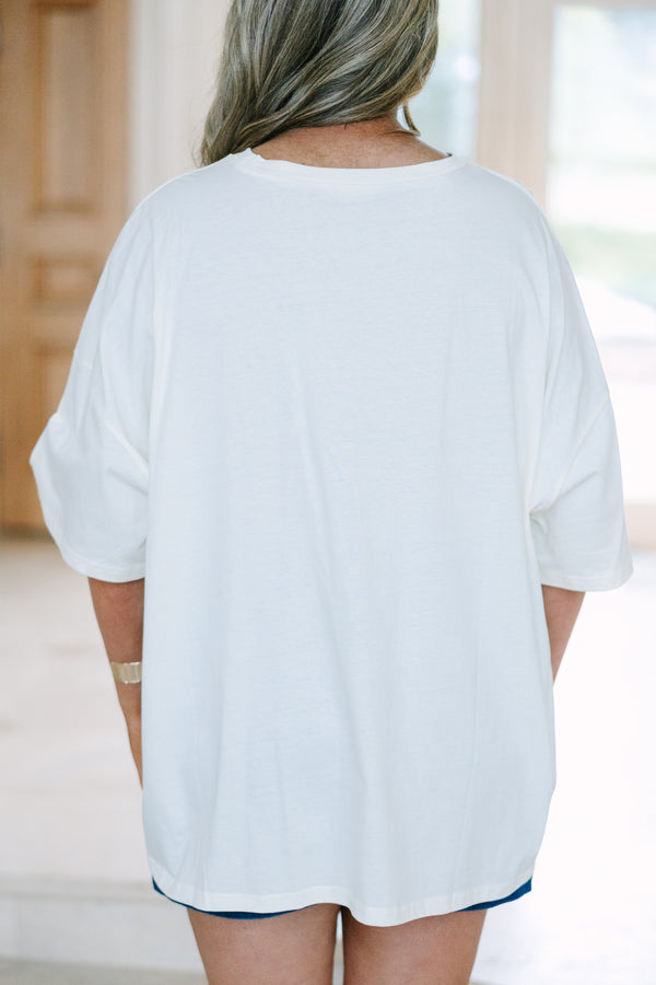 Plus Size ivory boyfriend tee with pink stripes, blue 