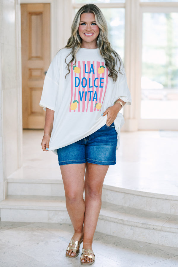 Plus Size ivory boyfriend tee with pink stripes, blue 