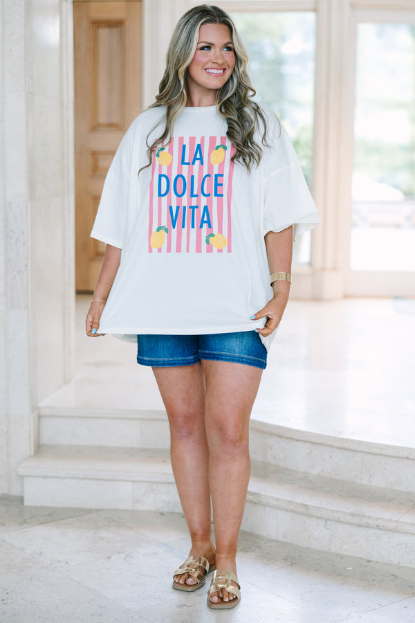 Plus Size ivory boyfriend tee with pink stripes, blue 