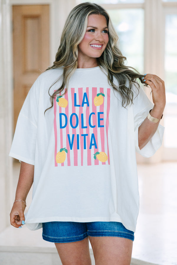 Plus Size ivory boyfriend tee with pink stripes, blue 
