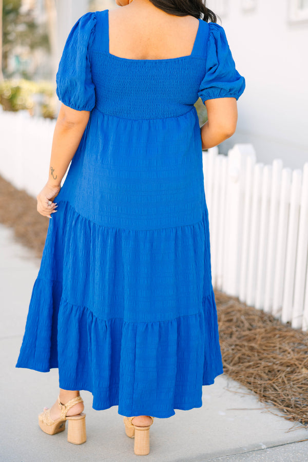 Chic Soul plus size clothing, royal blue puff sleeve square neck tiered maxi dress