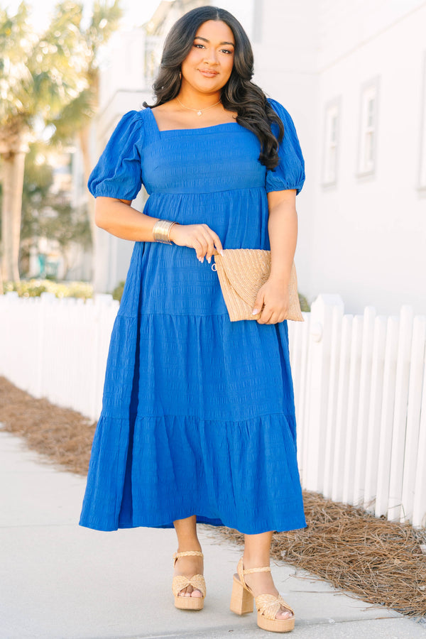 Chic Soul plus size clothing, royal blue puff sleeve square neck tiered maxi dress