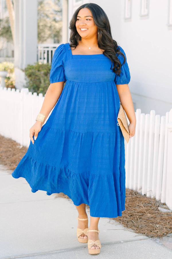 Chic Soul plus size clothing, royal blue puff sleeve square neck tiered maxi dress