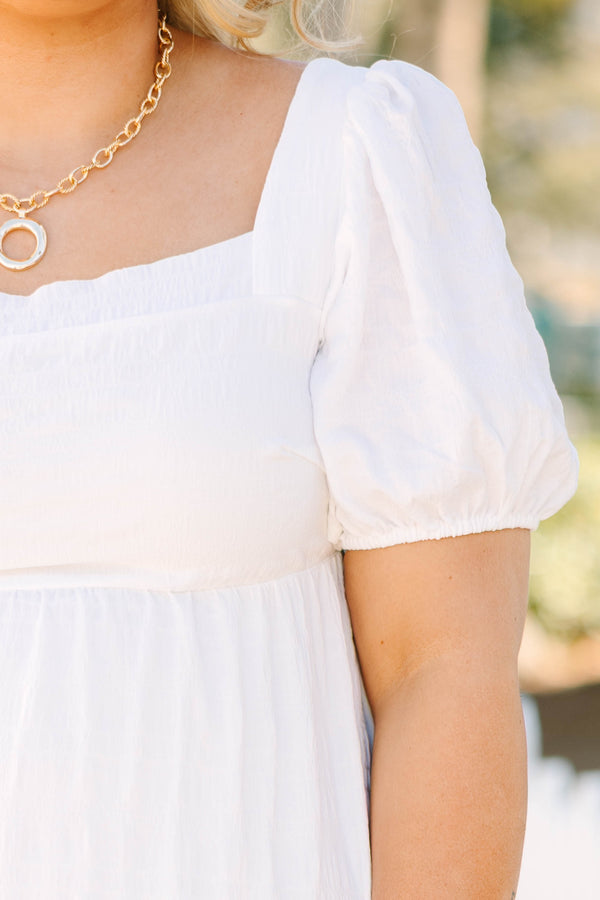 Chic Soul plus size clothing, white square neck puff sleeve tiered midi dress