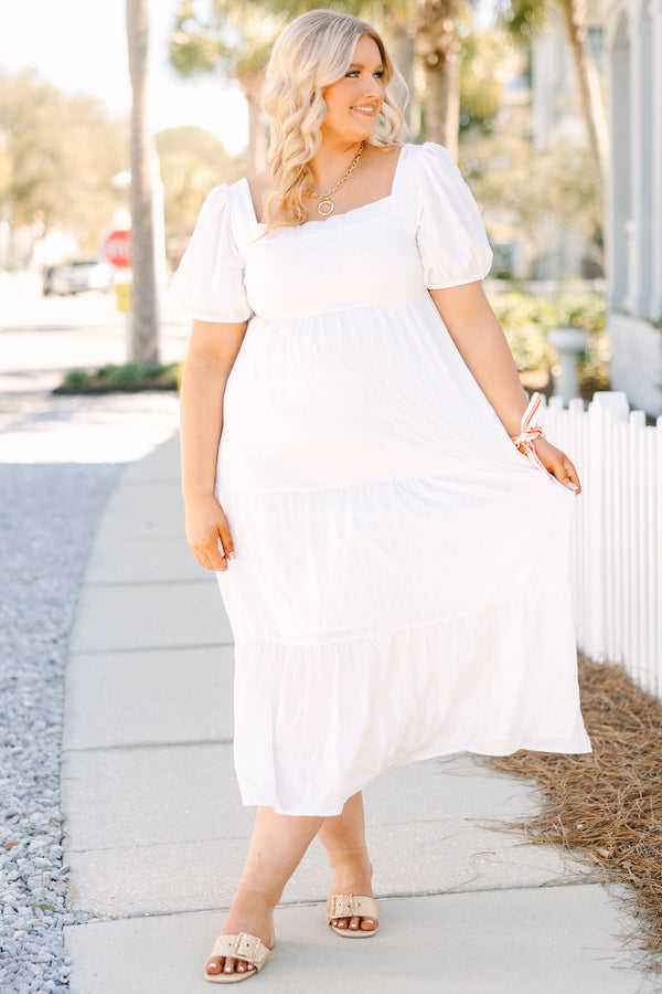 Chic Soul plus size clothing, white square neck puff sleeve tiered midi dress
