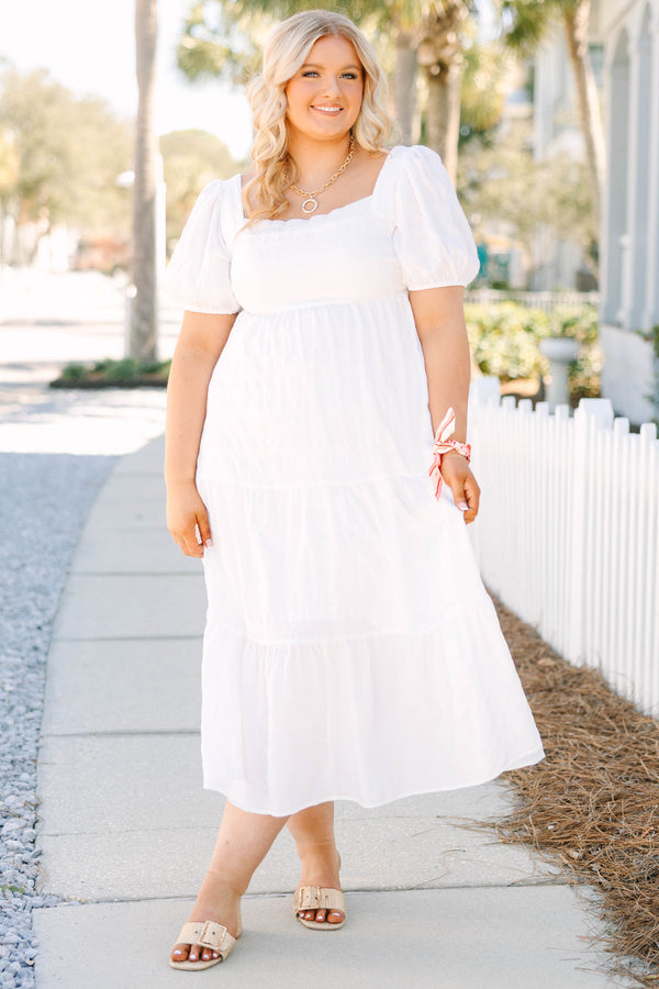 Chic Soul plus size clothing, white square neck puff sleeve tiered midi dress
