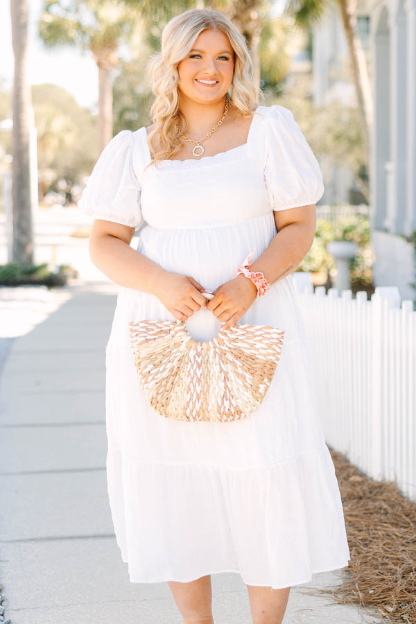 Chic Soul plus size clothing, white square neck puff sleeve tiered midi dress