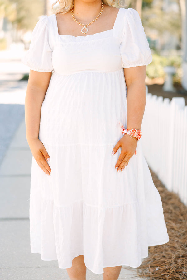 Chic Soul plus size clothing, white square neck puff sleeve tiered midi dress