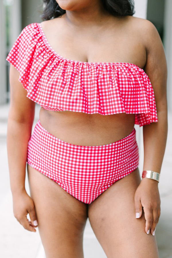 Plus Size red gingham one-shoulder bikini top with a large ruffle detail.