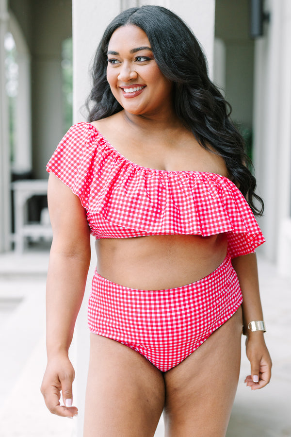 Plus Size red gingham one-shoulder bikini top with a large ruffle detail.