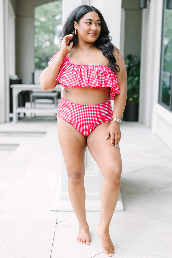 Plus Size red gingham one-shoulder bikini top with a large ruffle detail.