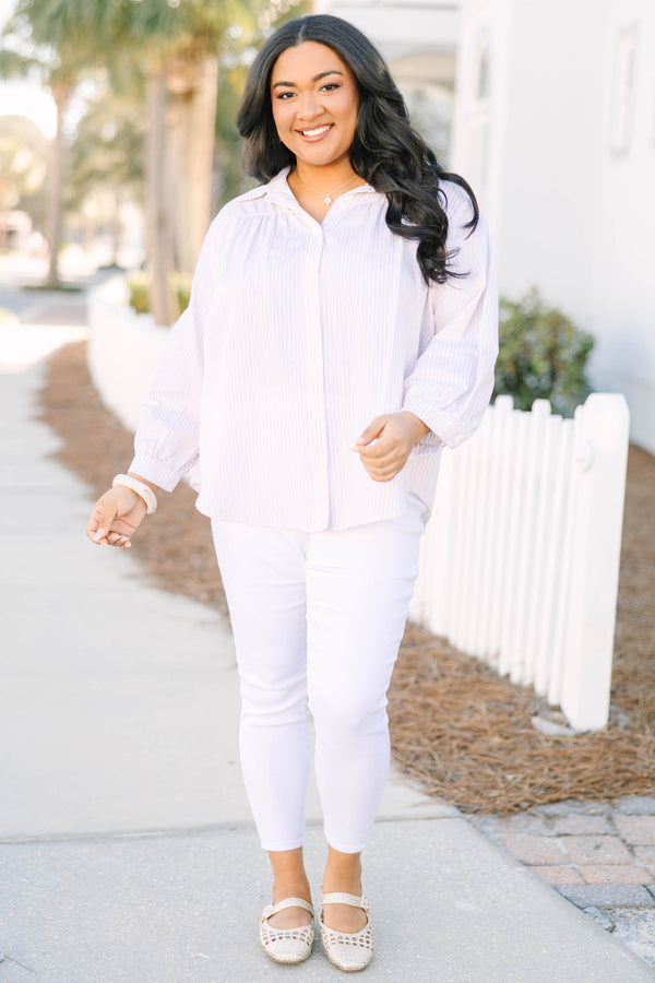 Chic Soul plus size clothing, light brown and white vertical pin stripe button down and collared long sleeve top