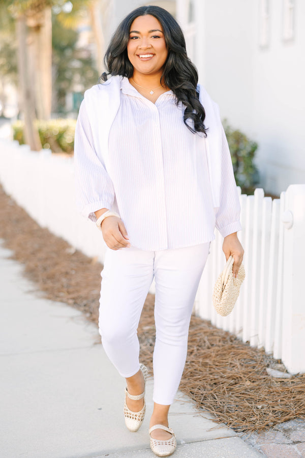 Chic Soul plus size clothing, light brown and white vertical pin stripe button down and collared long sleeve top