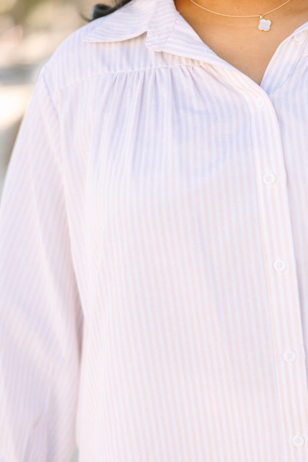 Chic Soul plus size clothing, light brown and white vertical pin stripe button down and collared long sleeve top