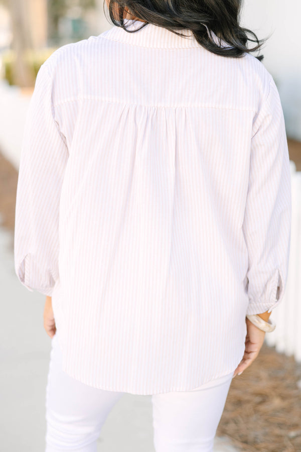 Chic Soul plus size clothing, light brown and white vertical pin stripe button down and collared long sleeve top