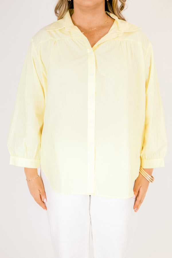 Chic Soul plus size clothing, lemon yellow button down long sleeve top