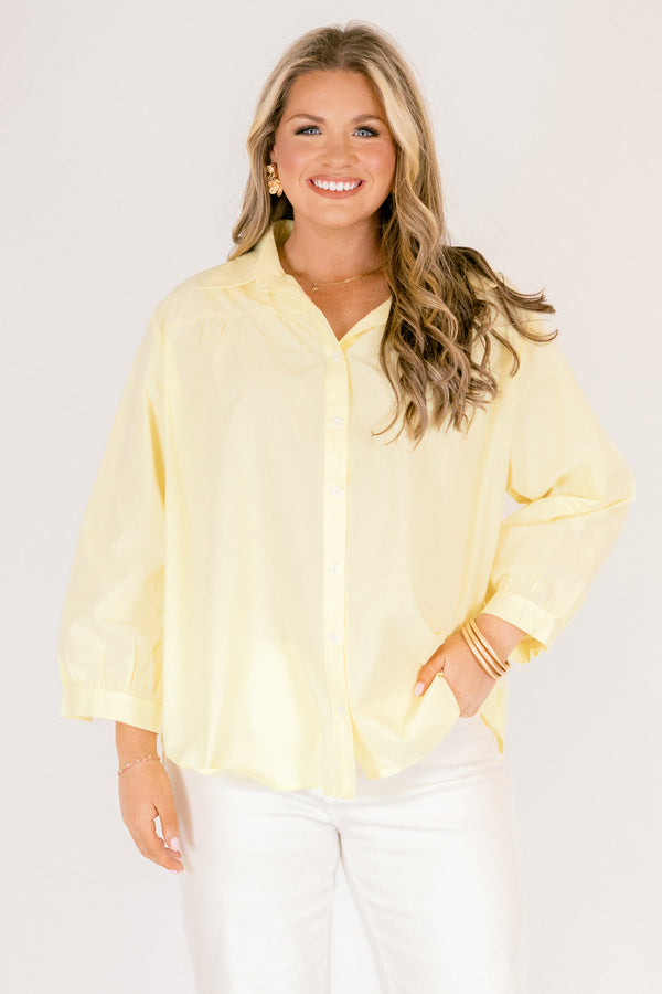 Chic Soul plus size clothing, lemon yellow button down long sleeve top