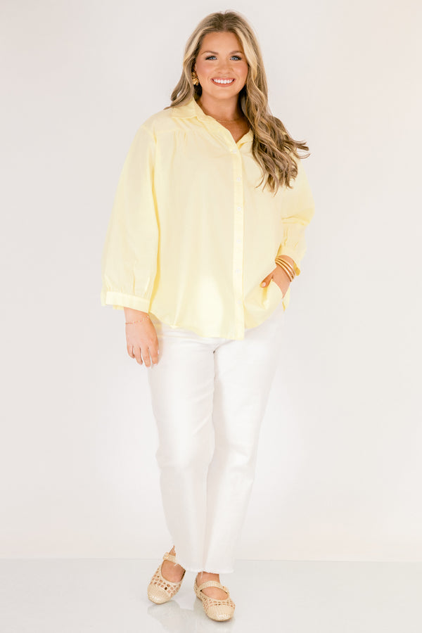 Chic Soul plus size clothing, lemon yellow button down long sleeve top