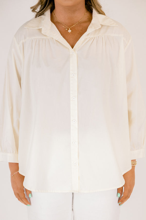 Chic Soul plus size clothing, oatmeal long sleeve button down top with collar