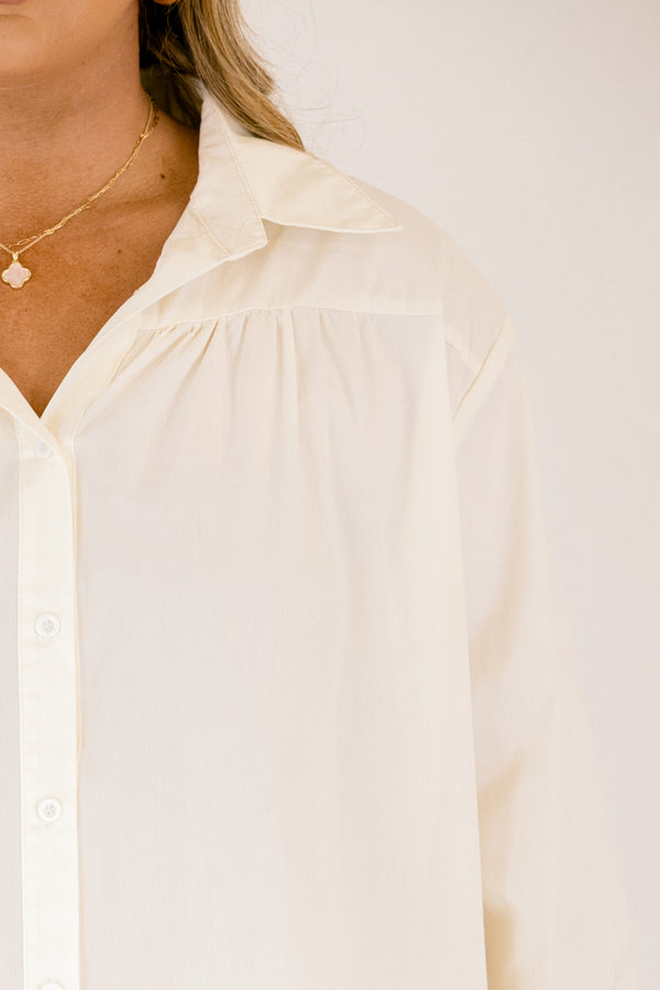 Chic Soul plus size clothing, oatmeal long sleeve button down top with collar