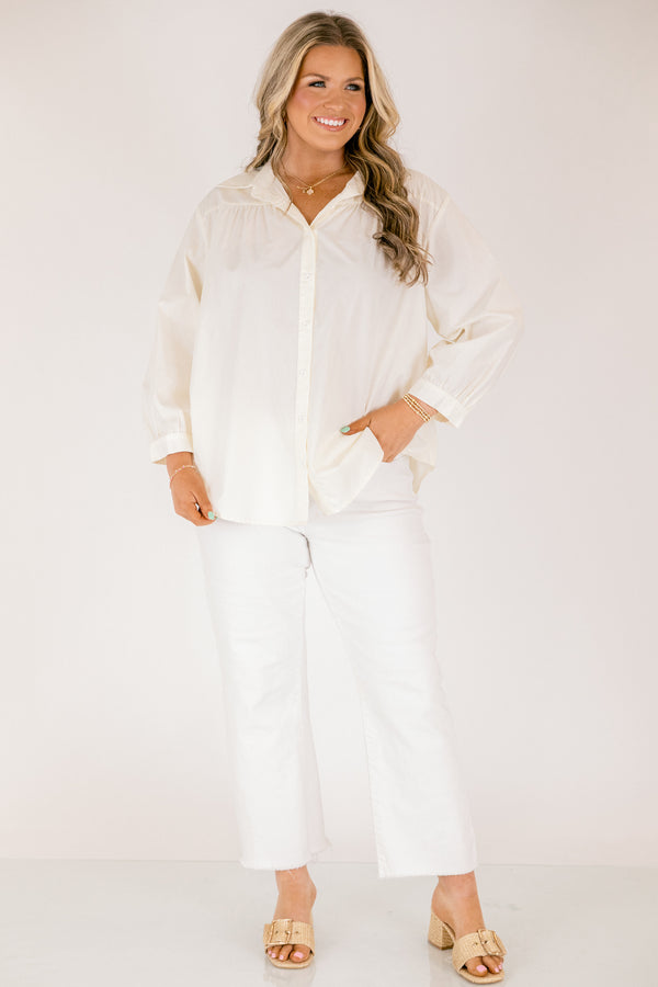Chic Soul plus size clothing, oatmeal long sleeve button down top with collar