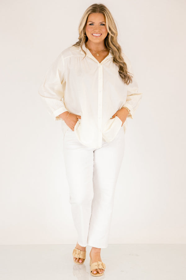 Chic Soul plus size clothing, oatmeal long sleeve button down top with collar