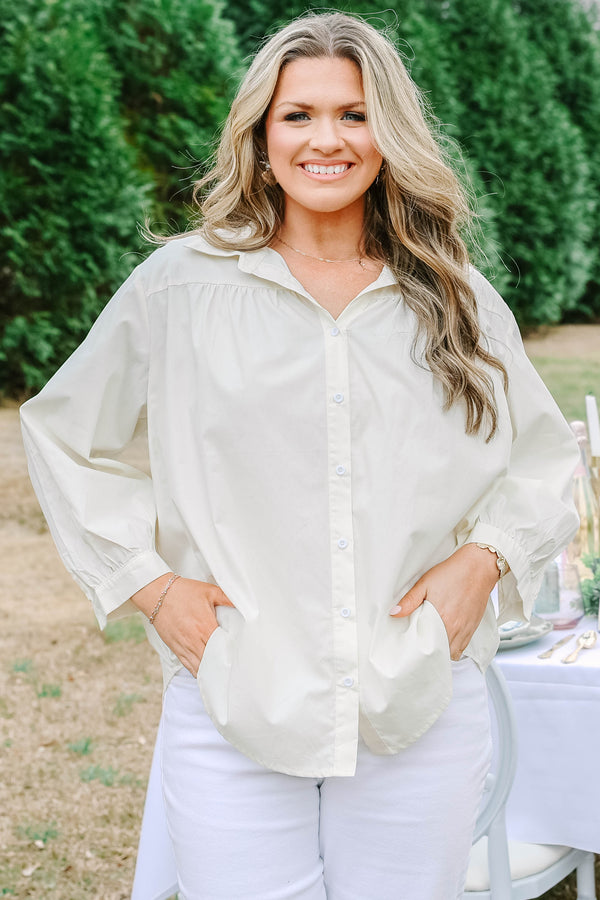 Chic Soul plus size clothing, oatmeal long sleeve button down top with collar