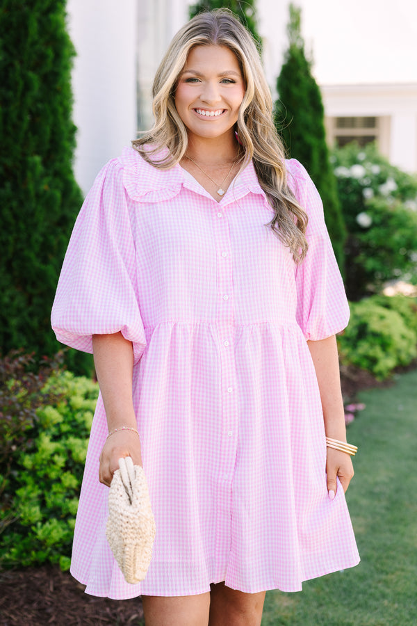 Chic soul plus size clothing, pink gingham button-up knee length dress with short bubble sleeves and a collar that has a ruffle at the end of it 