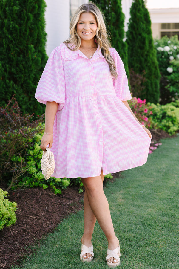 Chic soul plus size clothing, pink gingham button-up knee length dress with short bubble sleeves and a collar that has a ruffle at the end of it 
