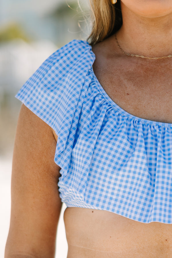 Chic Soul plus size clothing, one shoulder bikini top with a gingham pattern and a ruffle overlay on the bikini 