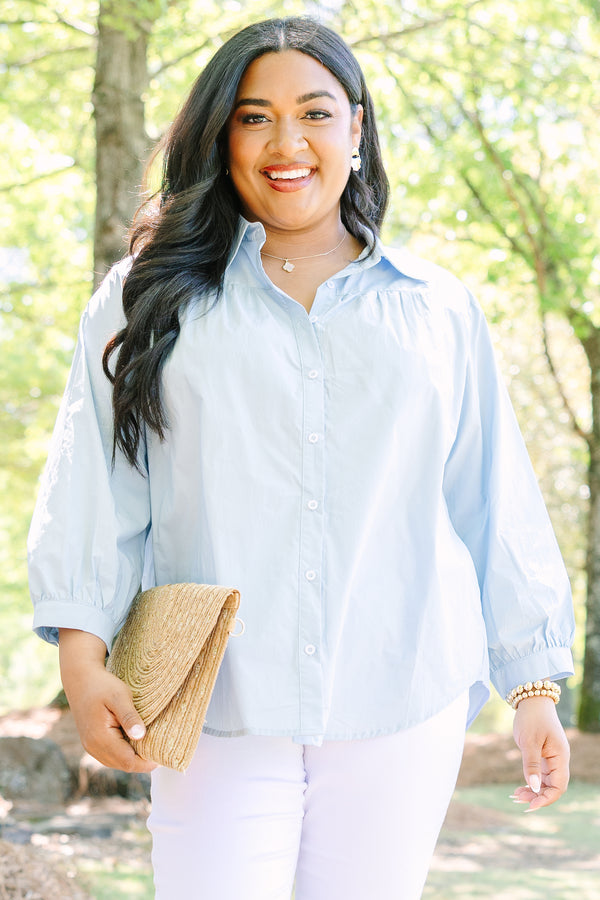 Plus Size light blue cotton button-down top with a classic collar and three-quarter sleeves.