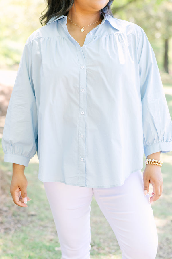 Plus Size light blue cotton button-down top with a classic collar and three-quarter sleeves.
