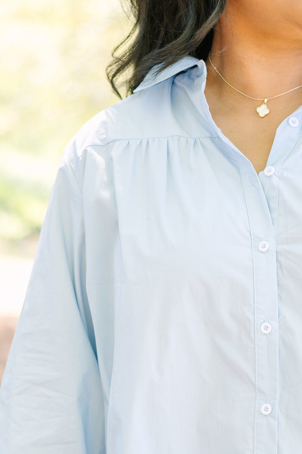 Plus Size light blue cotton button-down top with a classic collar and three-quarter sleeves.