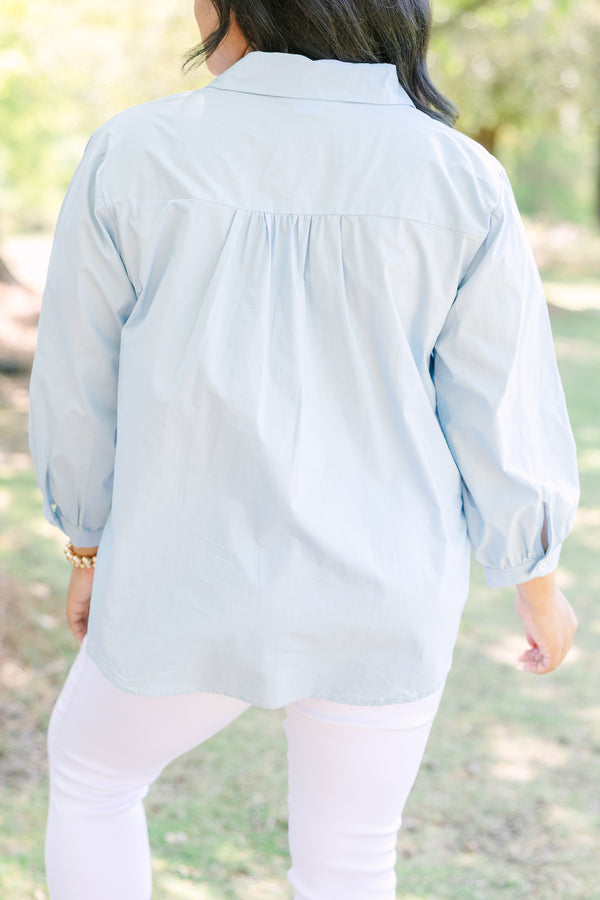 Plus Size light blue cotton button-down top with a classic collar and three-quarter sleeves.