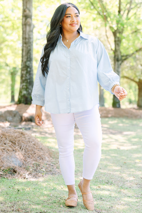 Plus Size light blue cotton button-down top with a classic collar and three-quarter sleeves.