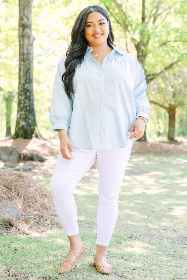 Plus Size light blue cotton button-down top with a classic collar and three-quarter sleeves.