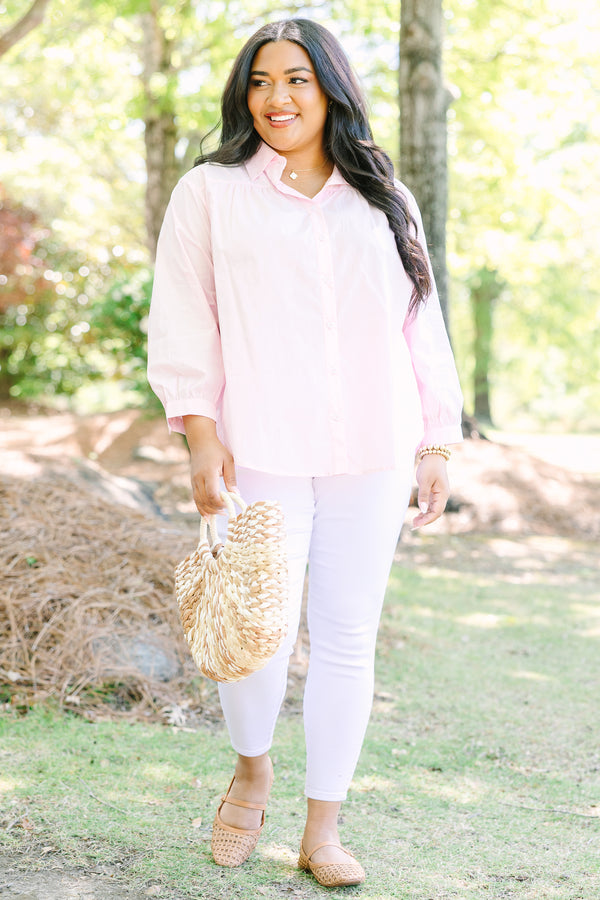 Chic soul plus size clothing, Light pink button-down cotton top with a classic collar and three-quarter length sleeves.