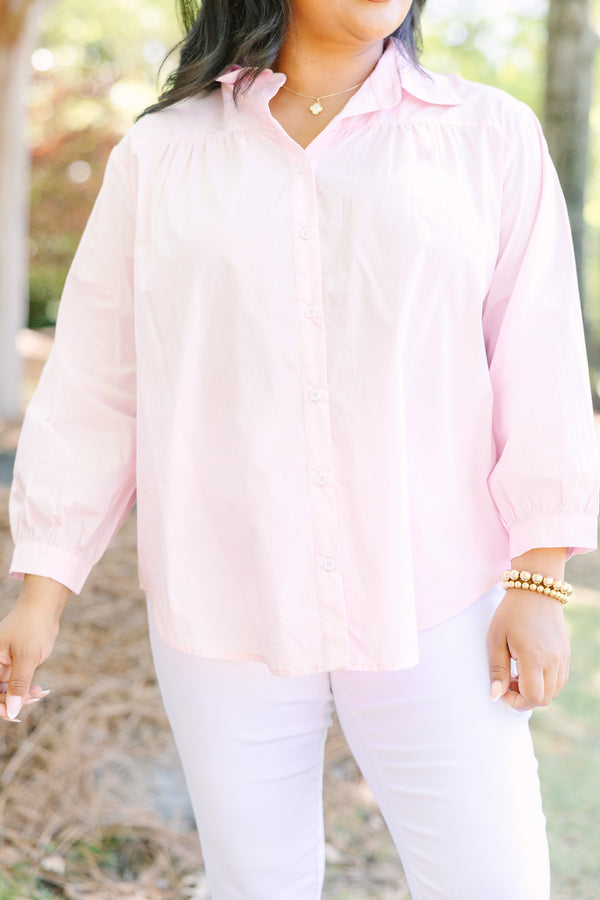 Chic soul plus size clothing, Light pink button-down cotton top with a classic collar and three-quarter length sleeves.