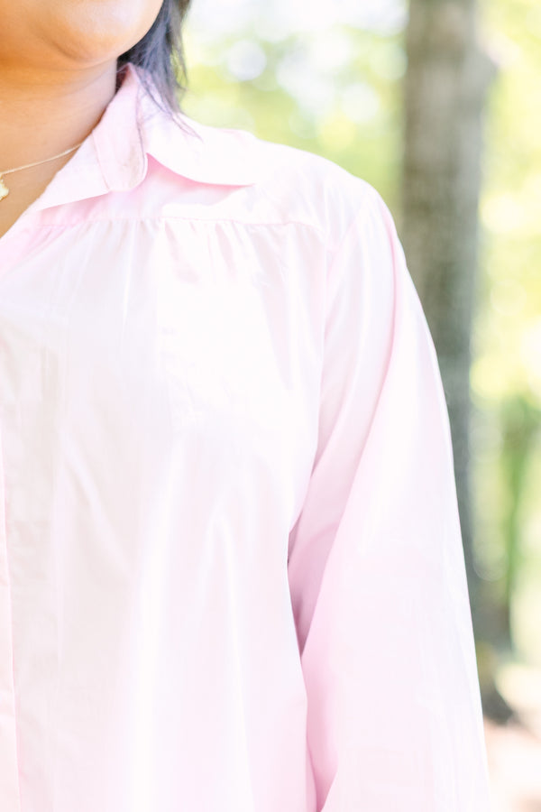 Chic soul plus size clothing, Light pink button-down cotton top with a classic collar and three-quarter length sleeves.